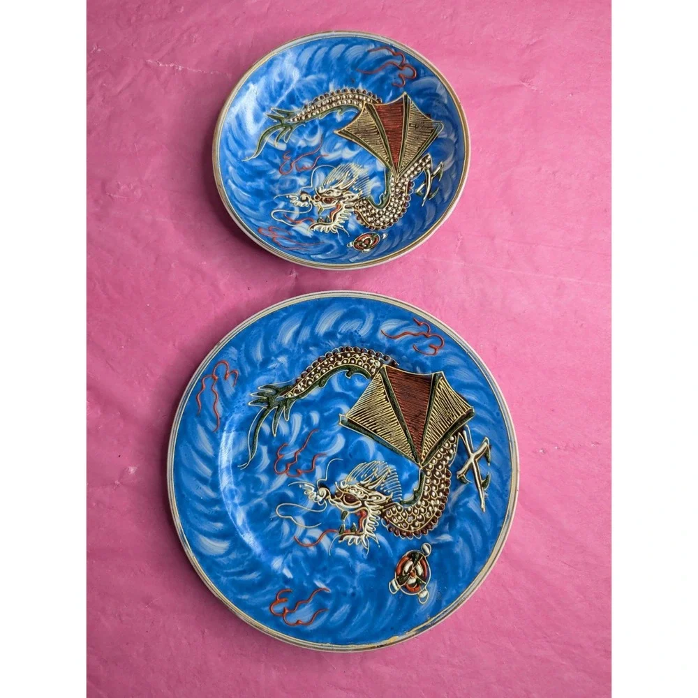 2 lot Vintage Japanese Blue Moriage Dragonware 7